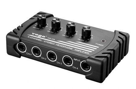A 4-channel stereo headphone amplifier. - Stereo Headphone Amplifier in black color.