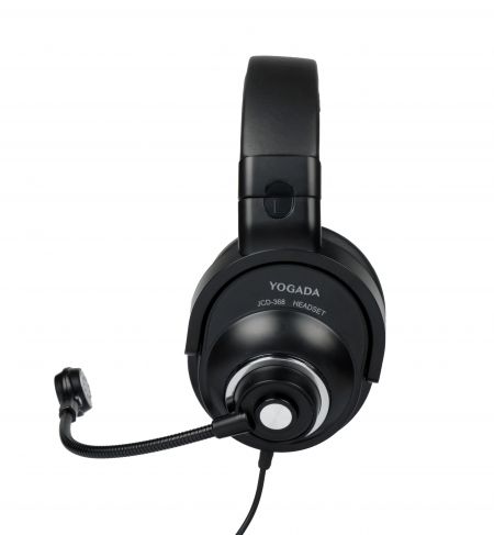 The side view of the headset features a rotating earcup, supporting the gooseneck microphone for angle adjustment.