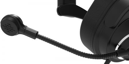 The gooseneck microphone features a lift-up/down function for toggling the microphone on or muting it.