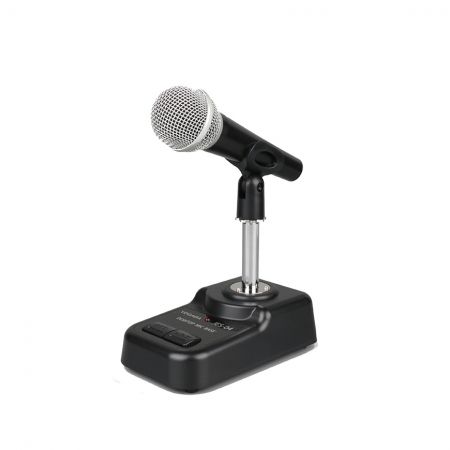 Base de escritorio dinámica con figura de micrófono de mano.