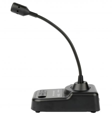 The microphone's side view reveals an integrated design where both the gooseneck and stand are combined into a single unit, preventing them from being separated.