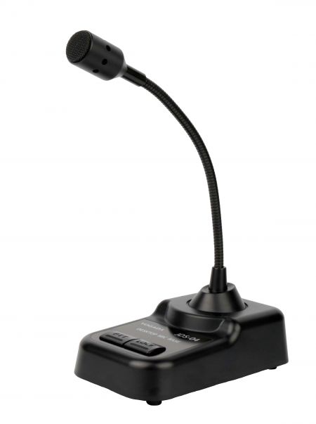 Un micrófono de escritorio equipado con botones funcionales adecuados para diversas ocasiones de uso.