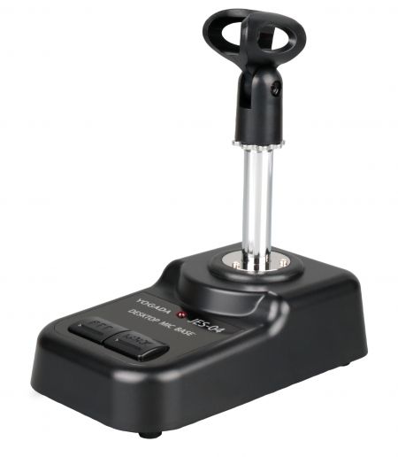 A desktop microphone base with a clip stand designed for Condenser handheld stage and studio microphones.