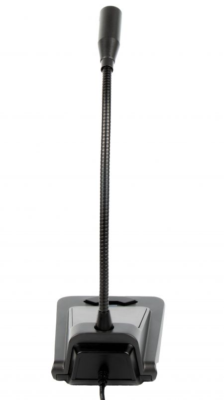 La vista trasera del micrófono de sobremesa con cuello de cisne destaca su cable USB incorporado para una fácil conectividad, complementado por su diseño flexible para una captura de sonido óptima.