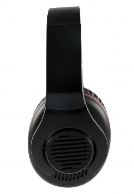 Die Seitenansicht des Kopfhörers mit verstellbarem Bügel, um die Größe jedes Hörers anzupassen.