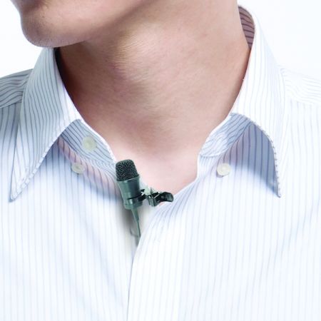 A demonstration of the clip-tie microphone to be clipped on