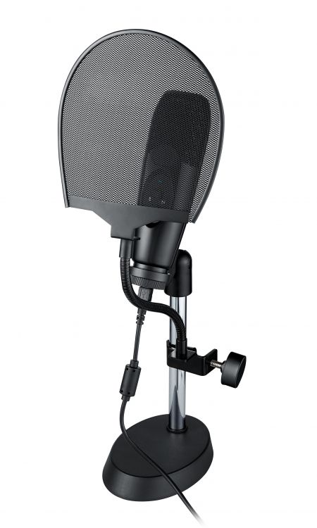 USB desktop Microphone equipped with a pop filter, offering low-cut and 10 dB PAD options for enhanced recording or live streaming performance.