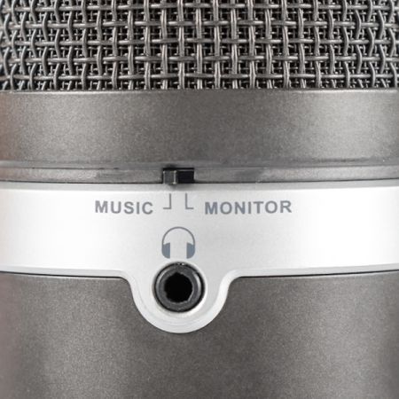 A headphone jack built into the USB microphone body for monitoring on the microphone