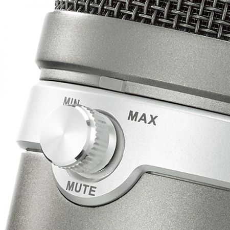 From the side of the desktop USB microphone, including volume control and MUTE function