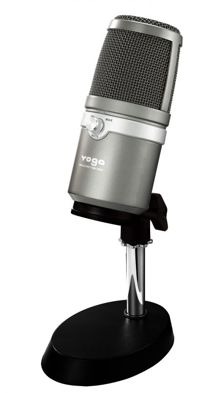 Desktop USB Microphone with Mic Mute Button and Headphone Volume Control.