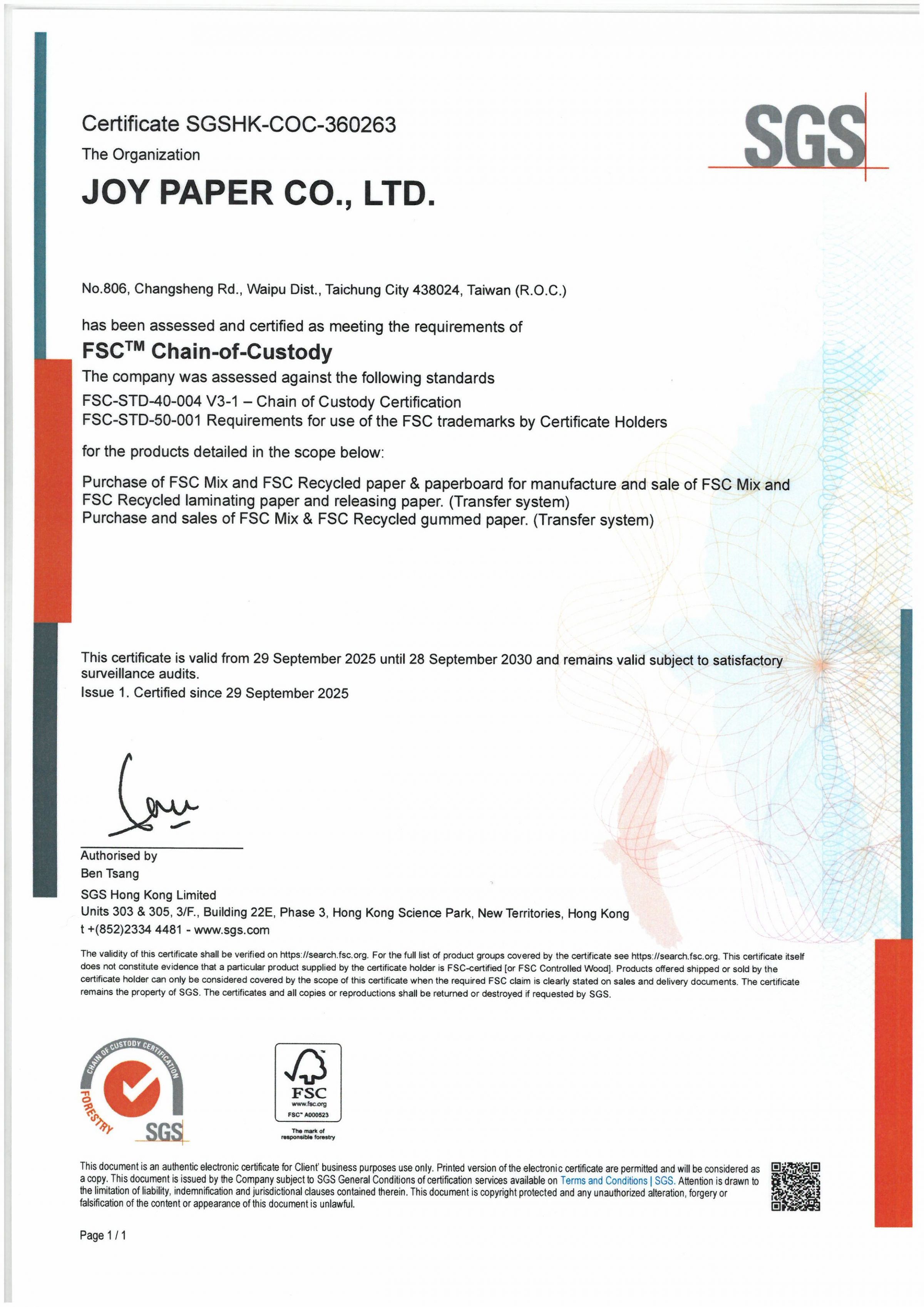 Joy Paper Obtains FSC™ Certification