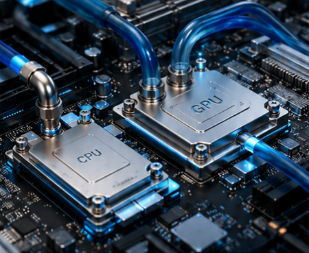 AI Sunucuları için Çip Üzerine Doğrudan Soğutucu (PG25) - Çip üzerine doğrudan sıvı soğutma: Isı transfer sıvısını dolaştıran soğutucu tüplerle CPU ve GPU'ya monte edilmiş soğuk plakalar