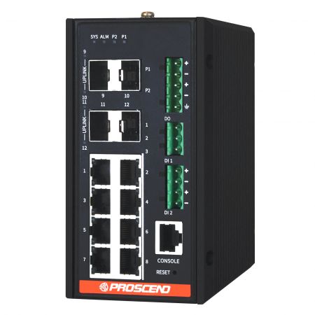 Industrieller 12-Port GbE Managed Switch - Industrial 12-Port GBE Managed Switch mit 8 GBE-Häfen und 4 SFP-Slots
