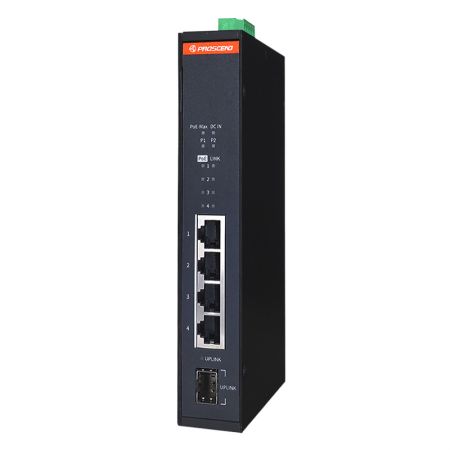 Industrieller 5-Port GbE unmanaged PoE Switch - Industrieller 5-Port GbE unmanaged PoE Switch mit 4 GbE-Ports und 2 SFP-Steckplätzen