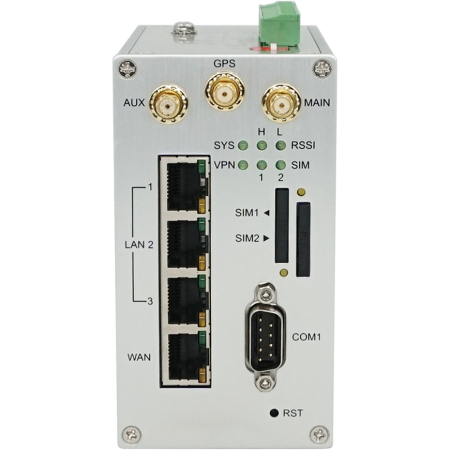 Промышленный маршрутизатор с двумя SIM-картами для промышленных VPN-сетей сотовой связи, 3 порта ETH, вид спереди M301-G