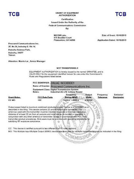 Industrial VPN Wireless Router M330 FCC Certificate