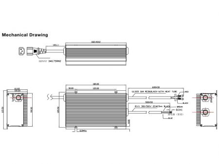 192W, Lithium / Loodzuur Slimme Batterijlader, Model W-3 Mechanische Tekening