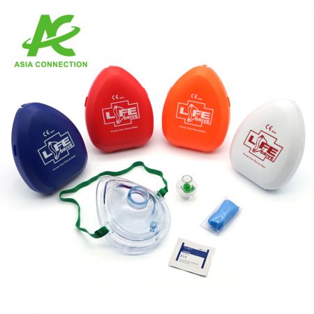 La custodia rigida della Maschera CPR Tascabile per Adulti è disponibile in quattro colori: rosso, blu, arancione e bianco, da scegliere in base all'immagine del marchio della tua azienda.