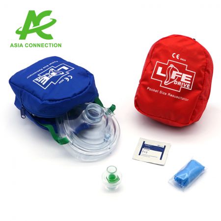 An adult mask, an one-way valve with filter, an instruction manual, a pair of blue NBR gloves (latex free, optional), and two alcohol wipes (optional) can all be put in the soft nylon bag.