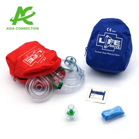 A full set of CPR Resuscitator Mask has an adult mask, an Infant mask, a one-way valve with filter, a soft nylon bag, an instruction manual, a pair of blue NBR gloves (latex-free, optional), and two alcohol wipes (optional).
