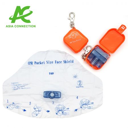 A full set of a CPR Face Shield includes a CPR face shield with one-way valve and bite block and a square keychain case.