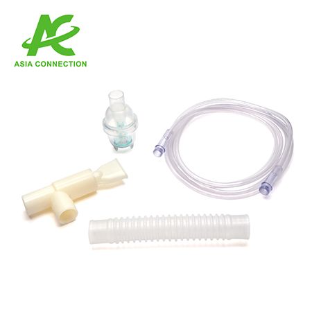 Kit nebulizer mencakup botol nebulizer, mouthpiece, konektor T, tabung bergelombang 6", dan tabung oksigen 210cm.