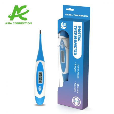 Un caz de stocare din plastic transparent și o baterie LR41 de lungă durată, reîncărcabilă, sunt incluse cu termometrul.