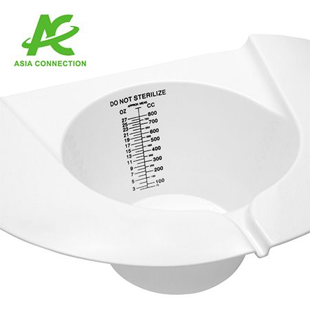 Urine Collection Pan features printed graduations in both ounces and milliliters.