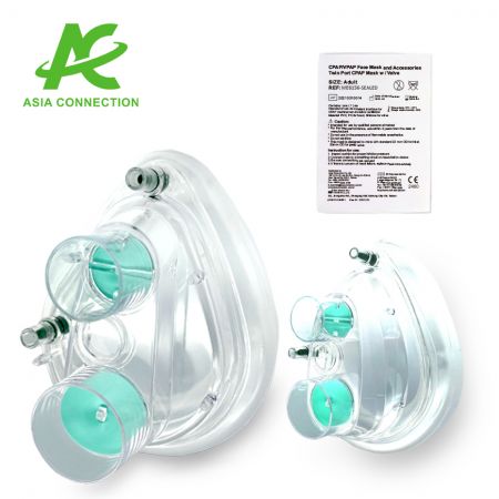 Twee-poorts CPAP-masker met twee kleppen en gesloten veiligheidsklep met instructiehandleiding