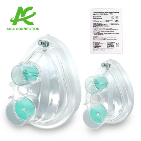Kétcsatornás CPAP maszk egy szeleppel és biztonsági szeleppel, zárt állapotban, használati útmutatóval
