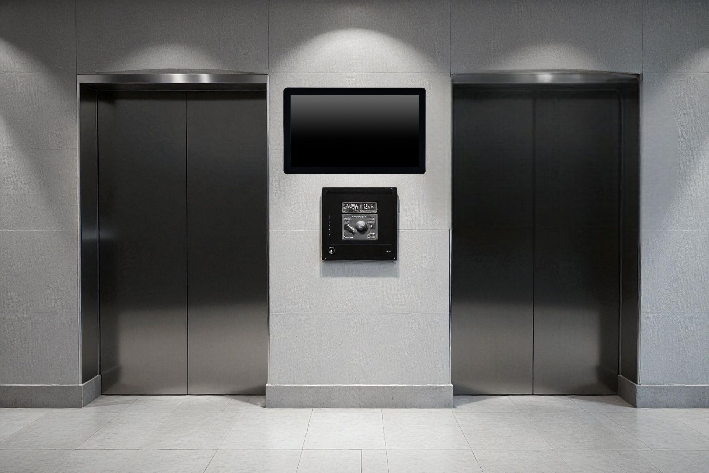 Ένα τοίχου πάνελ PC εγκατεστημένο κοντά στους ανελκυστήρες, παρέχοντας ψηφιακές πληροφορίες και διαδραστικές υπηρεσίες για τους αγοραστές.