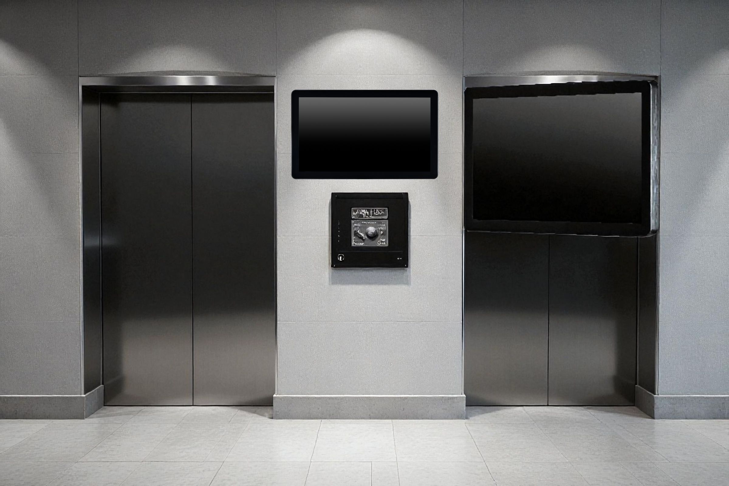 Egy falra szerelt panel PC, amely a liftek közelében található, digitális információt és interaktív szolgáltatásokat nyújt a vásárlók számára.