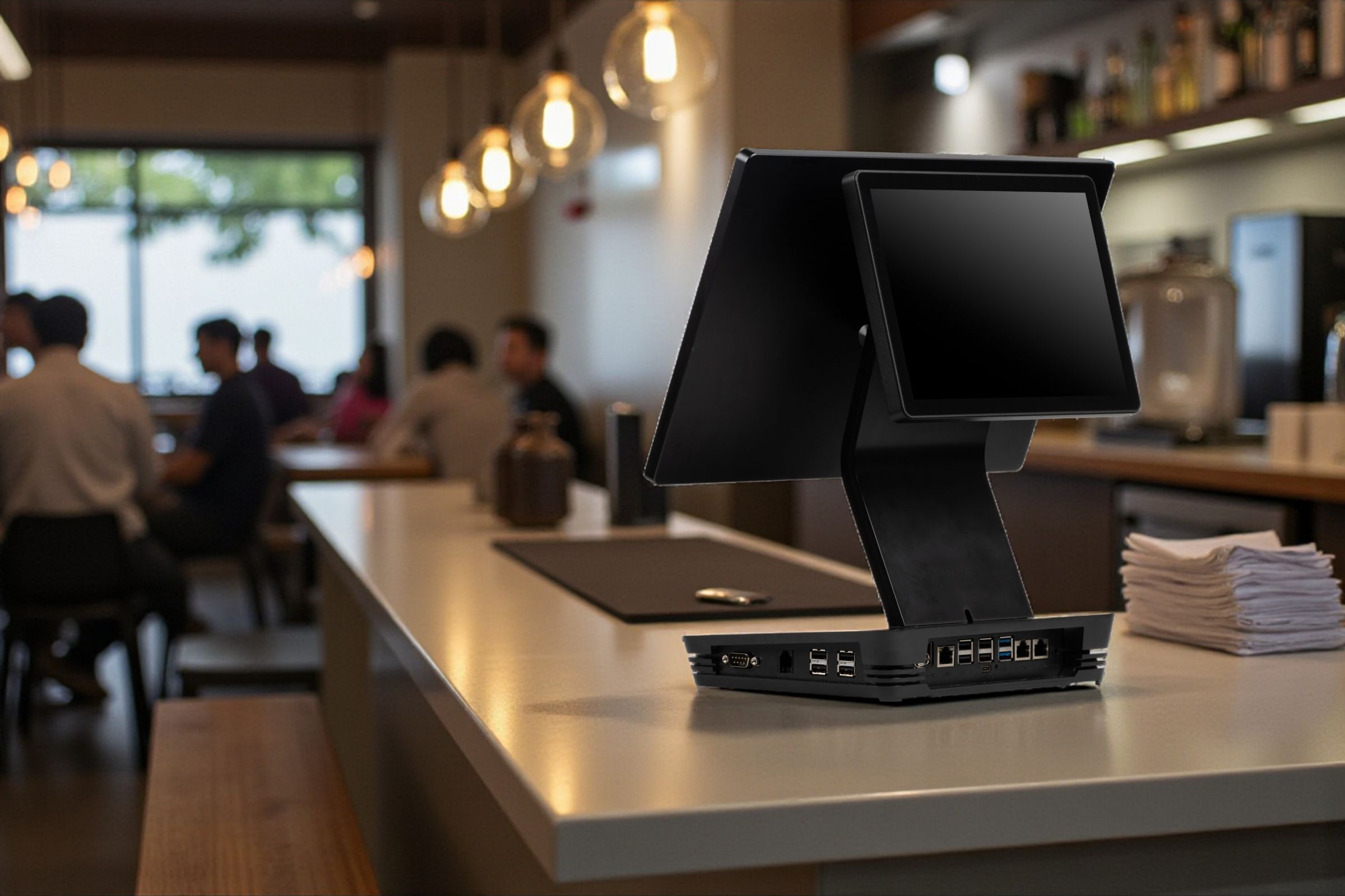 A modern dual-screen POS system seamlessly integrated into a cozy café environment.