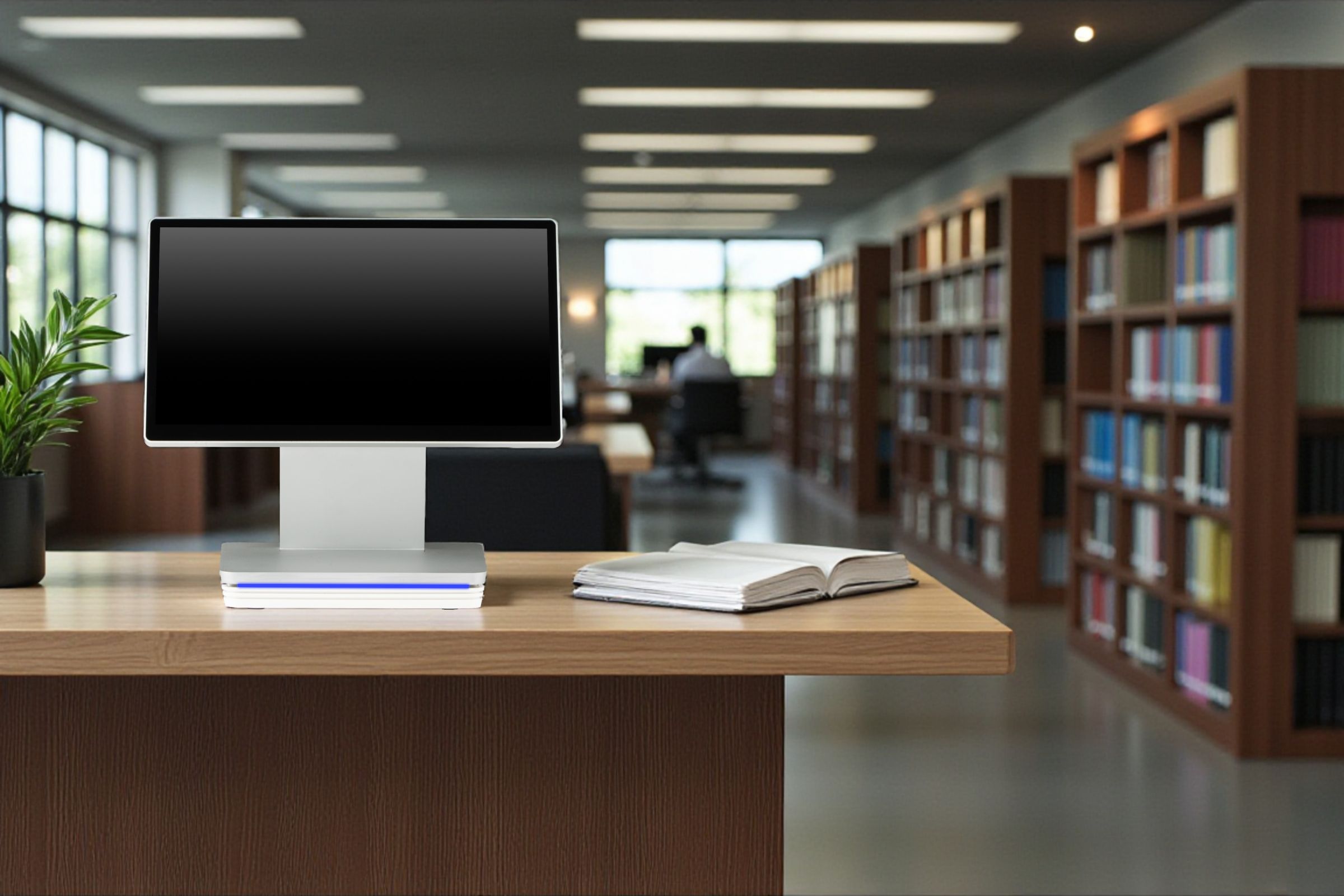 Egy modern POS terminál, amely egy könyvtári pultnál helyezkedik el, könyvkölcsönzésre és információs szolgáltatásokra tervezve.