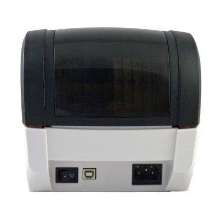 Zadní pohled na tiskárnu štítků s USB, vstupem pro napájení a vypínačem