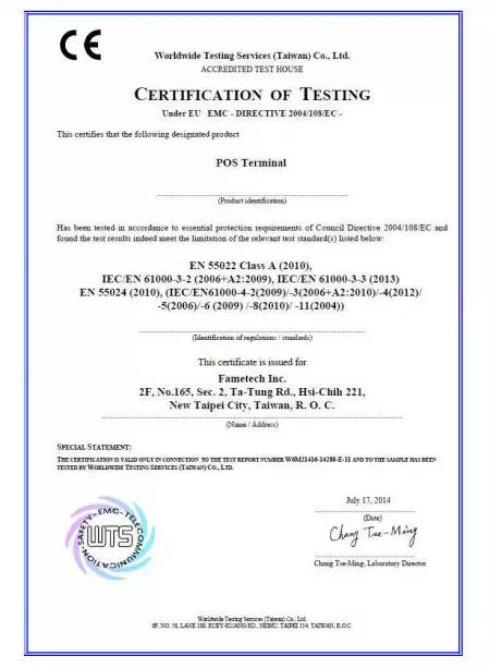 CE-certifikat af FAMETECH (TYSSO)