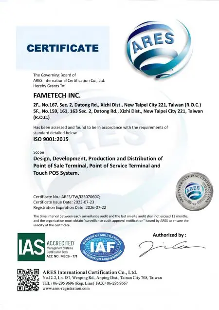 ISO-9001:2015-certifikat af FAMETECH (TYSSO)