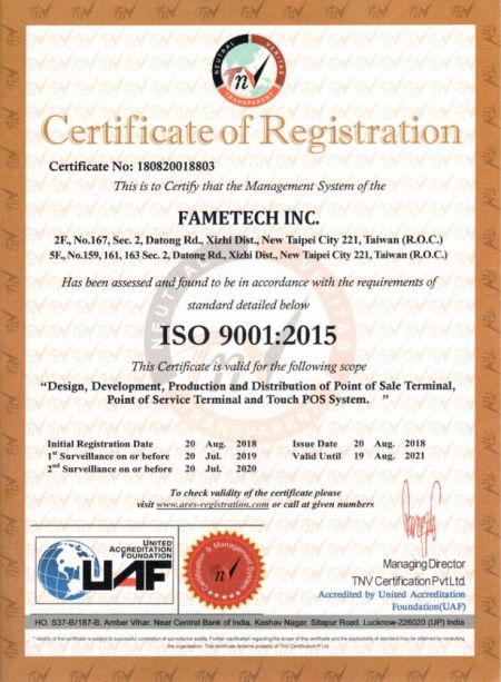 Certificat ISO-9001:2015 de FAMETECH (TYSSO)