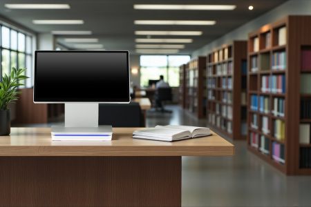 Az oktatási műveletek fejlesztése egy mindent egyben POS megoldással - Egy modern POS terminál, amely egy könyvtári pultnál helyezkedik el, könyvkölcsönzésre és információs szolgáltatásokra tervezve.