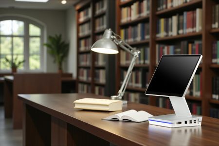 Egy elegáns POS terminál beállítva egy könyvtári pultra, amely támogatja a könyvkölcsönzést, érdeklődéseket és a látogatók kezelését.