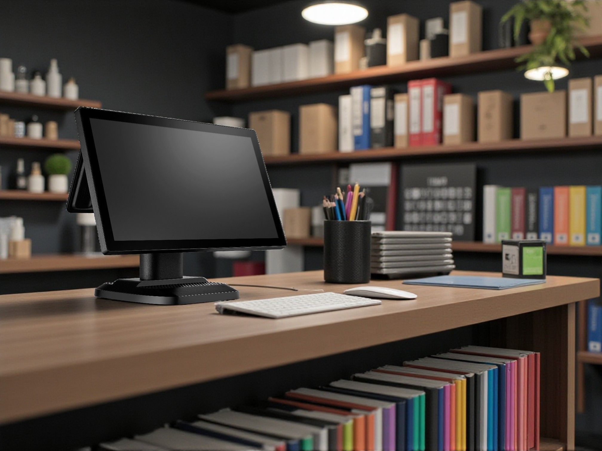 Un système de point de vente compact placé sur le comptoir d'une librairie, idéal pour gérer les ventes et les paiements des clients de manière efficace.