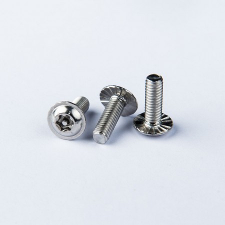 Flange Washer Head Machine Screw - Flange Washer Head Machine Screw w/ Six Lobe Recess w/ pin, Clockwise Serration under the head.