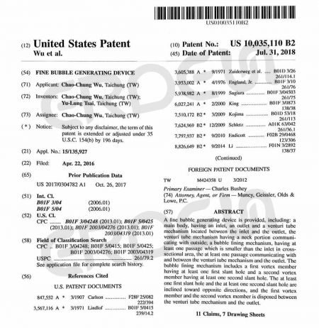 Fine Bubble Generating Device Patent US 10035110 B2
