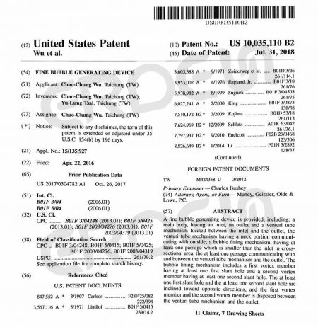 جهاز توليد فقاعات دقيقة براءة اختراع US 10035110 B2