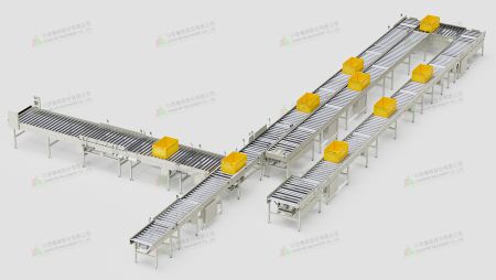 สายพานลำเลียงสำหรับกล่องโลจิสติกส์. - สายพานลำเลียงกล่องเพื่อเคลื่อนย้ายและจัดเรียงกล่องอย่างง่ายดายและรวดเร็วในคลังสินค้า.