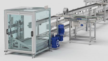 Die Montageanlage für Elektromotoren kombiniert ein 2-lagiges Förderband und einen kleinen Aufzug.