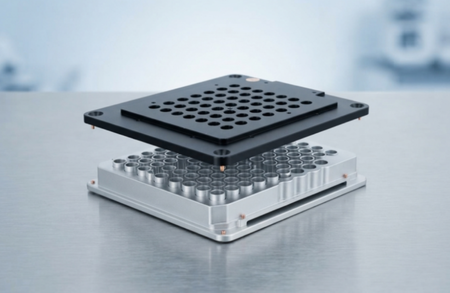Equipo de laboratorio profesional con una placa de múltiples pocillos y sistema de análisis automatizado