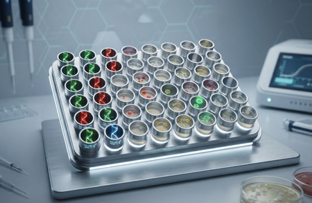 CNC-Aluminium-Mikroplatte für DNA-Analysegeräte - Hochmodernes Laborumfeld mit einer präzisen Multiwell-Mikroplatte für DNA-Analysen