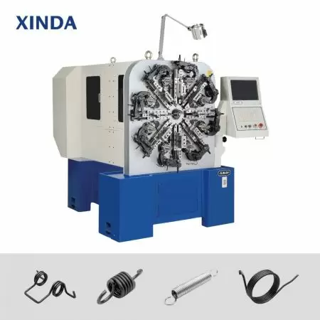 The wire-rotating mechanism of this spring forming machine can save the time of configuring cams and tooling.