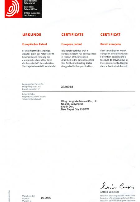 Patent certificate for wire forming mechanism of spring forming machine (Europe)